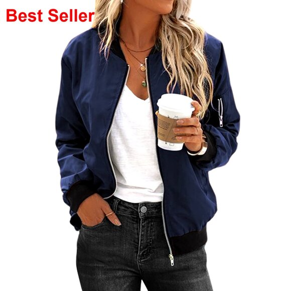 Lightweight Bomber Jacket with Pockets Zip Up Casual Coat